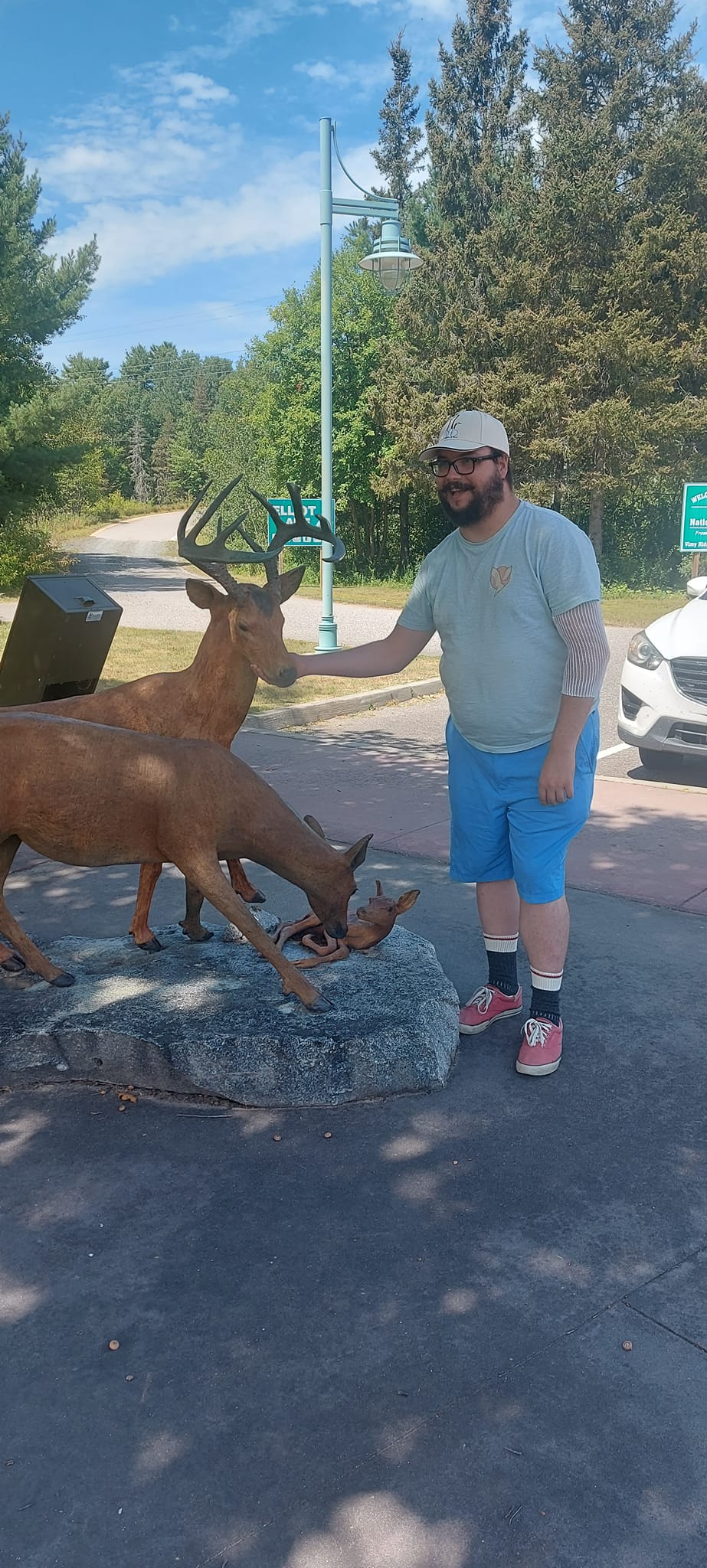 A man short hair and bushy facial pets a deer statue